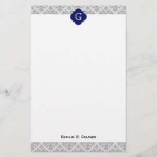 Vintage Grey on Grey Damask #3 Monogram Stationery