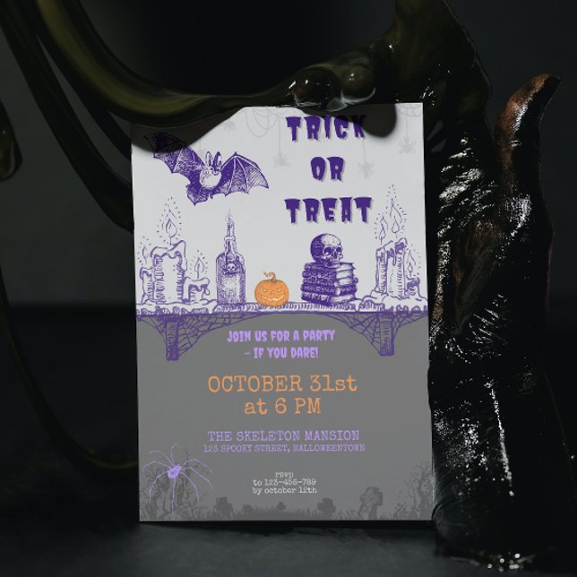 Vintage Grey Orange Purple Halloween Invitation (Creator Uploaded)