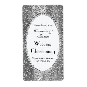 Vintage Grey Silv Damask Pearl V Wine Bottle Label