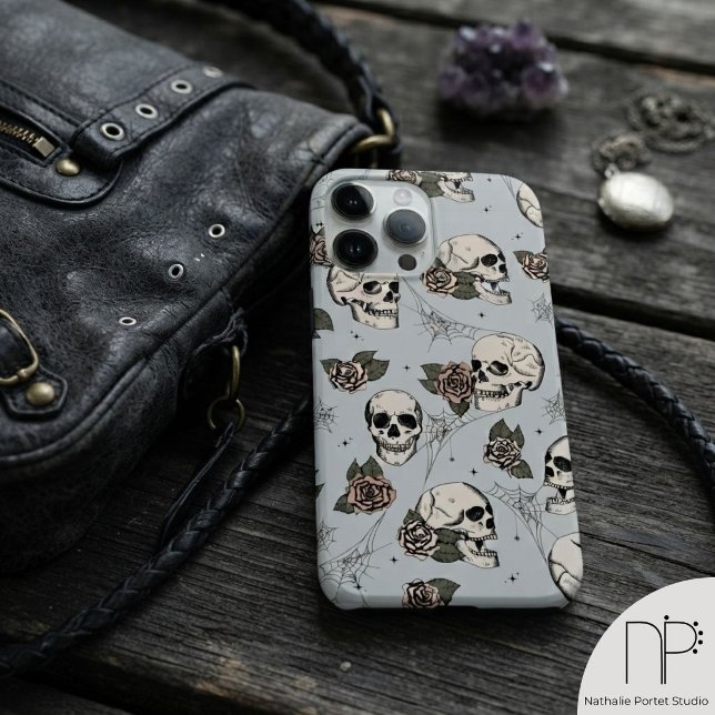 Vintage Grey Skulls Roses Case-Mate iPhone Case (vintage gray skulls roses case-mate iphone 14 pro max case with hand-drawn ink art for gothic style )