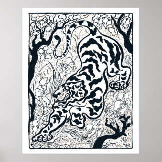 Vintage Grey Tiger In The Jungle Art Poster