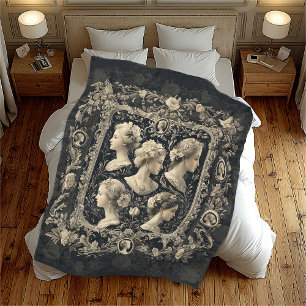 Vintage Grey Victorian Cameo Pattern Shabby Chic Fleece Blanket