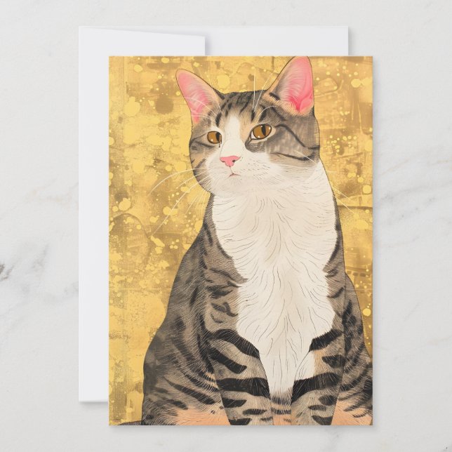 Vintage Grey White Cat Portrait Holiday Card (Front)