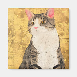 Vintage Grey White Cat Portrait Magnet