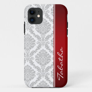 Vintage Grey White Damask Red Monogram iPhone5 iPhone 11 Case