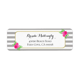 Vintage Grey White Stripes Pink Watercolor Floral