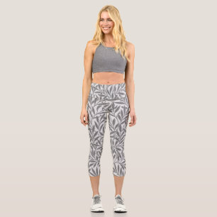Vintage Grey White Willow Leaves Botanical Capri Leggings
