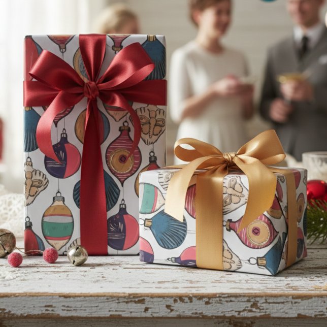 Vintage Grey Xmas Ornaments Wrapping Paper  (Chic Holiday Retro Wrapping Paper for Christmas. Stylish Elegant Vintage Xmas Ornaments Pattern )