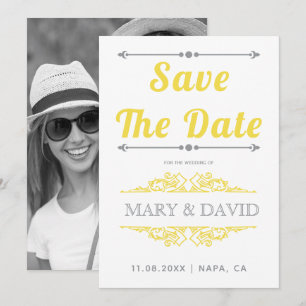 Vintage grey, yellow typography Save the Date