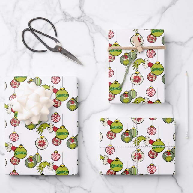 Vintage Grinch Ornament Pattern Wrapping Paper Sheet (Front)