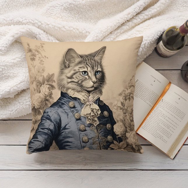 Vintage Grissaile Cat Gentleman Botanical Roses Throw Pillow (Creator Uploaded)