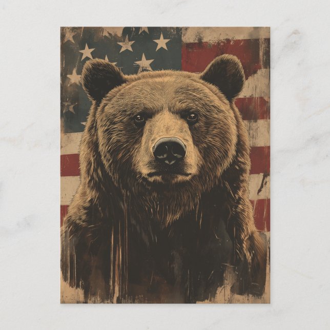 Vintage Grizzly Bear USA American flag Postcard (Front)