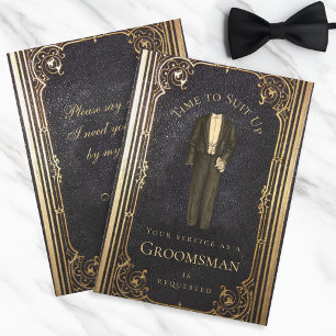 Vintage Groomsman Proposal Elegant Gold Black Suit Invitation