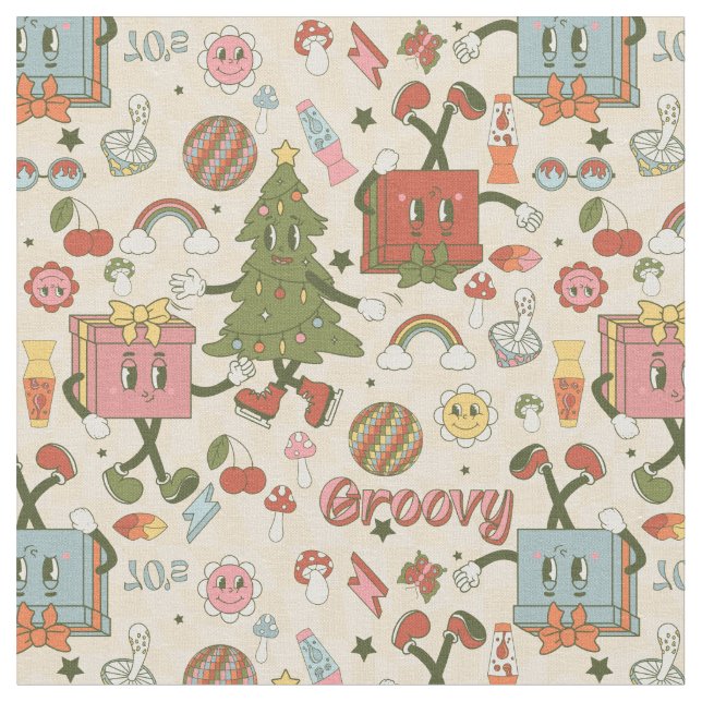 vintage groovy disco christmas tree fabric (Close Up)