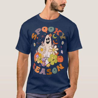 Vintage Groovy Floral Ghost Funny Halloween Spooky T-Shirt