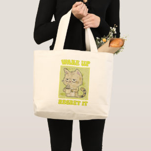 Vintage Grumpy Cat Illustration Wake Up Regret It Large Tote Bag