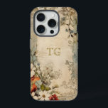 Vintage Grunge Artisan Botanical Monogram iPhone 15 Pro Case<br><div class="desc">Artistic vintage style scarlet,  white and dusty blue flowers with sage and brown foliage on distressed artisan parchment with optional text field for your name or monogram.</div>