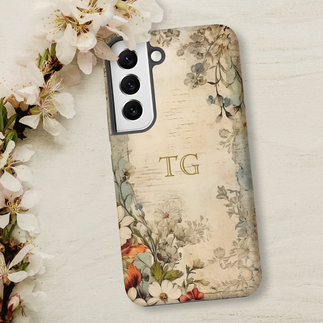 Vintage Grunge Artisan Botanical Monogram Samsung Galaxy S22 Case (Creator Uploaded)