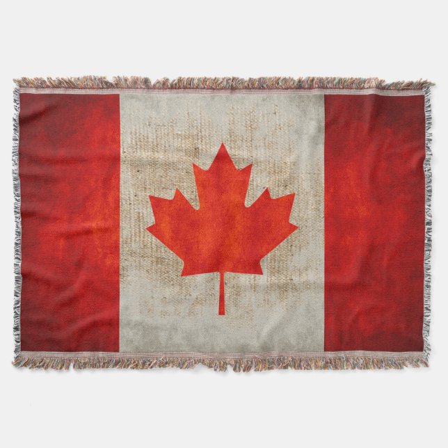 Vintage Grunge Canada Flag Burlap Throw Blanket (Front)
