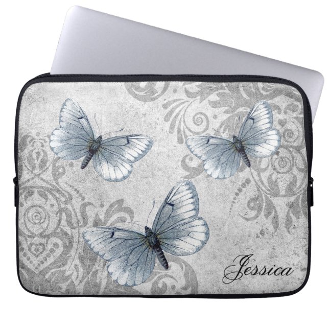 Vintage Grunge Damask and Butterflies Laptop Sleeve (Front)