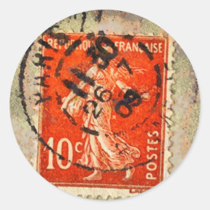 Vintage Grunge Ephemera French Stamp Classic Round Sticker