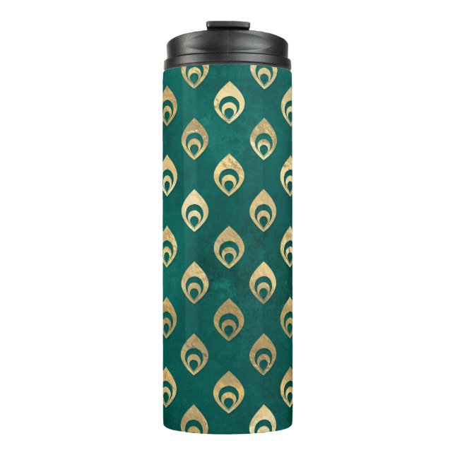 Vintage Grunge Teal and Gold Peacock Thermal Tumbler (Front)