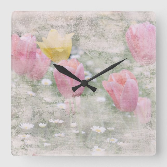 VINTAGE GRUNGE TULIPS SQUARE WALL CLOCK (Front)