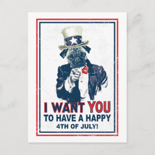 Vintage Grunge Uncle Sam Pug 4th of July Postcard