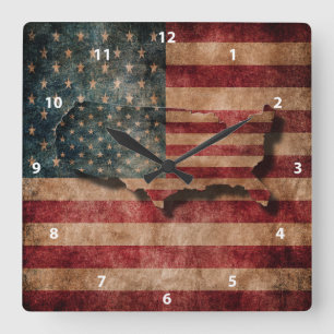 Vintage Grunge USA Stars & Stripes Flag and Map Square Wall Clock