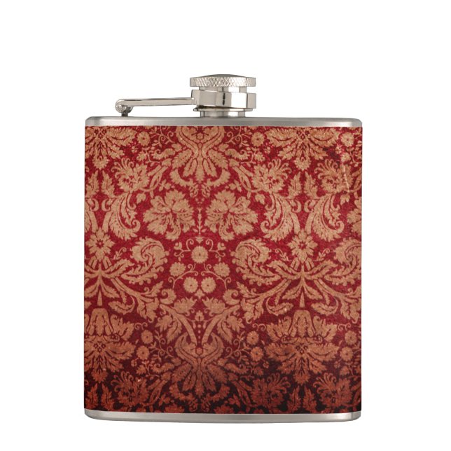 Vintage Grungy Red Damask Hip Flask (Front)