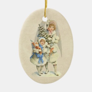 Vintage Guardian Angel with Tree & Little Girl Ceramic Ornament