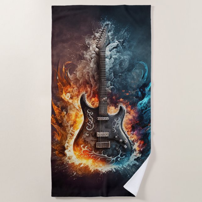 Vintage guitar in Fire beach towel (Front)