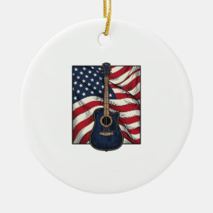 Vintage Guitar Patriotic Flag Vector Shirt Design_ Ceramic Ornament