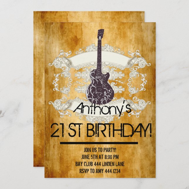 Vintage Guitar Rock Star 21st Birthday Invitations (Front/Back)