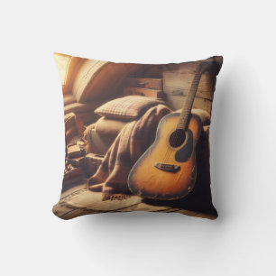 Vintage Guitar Serenity: A Rustic Musical Retreat Throw Pillow