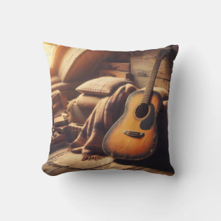 Vintage Guitar Serenity: A Rustic Musical Retreat Throw Pillow