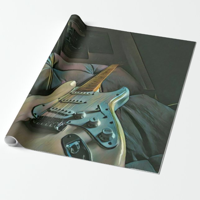 Vintage guitarist birthday gift wrapping paper (Unrolled)