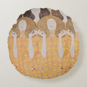 Vintage Gustav Klimt Gold Art Nouveau Floral Round Pillow