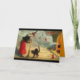 Vintage Halloween Art - Cat meets the Witch ! Card