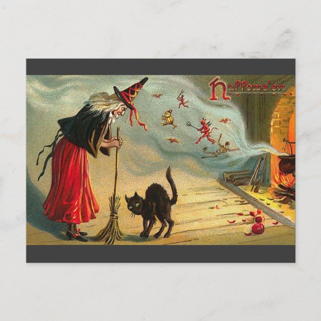 Vintage Halloween Art - Cat meets the Witch ! Postcard (Front)