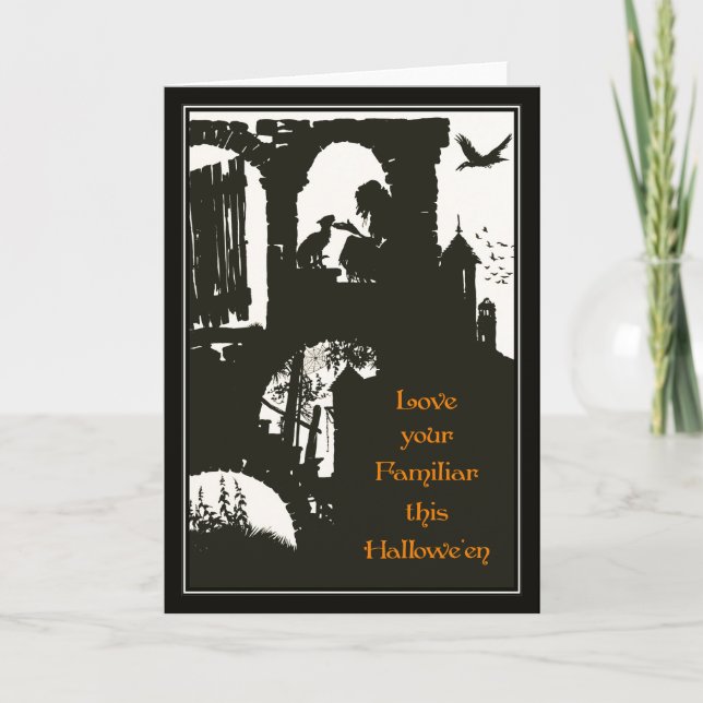 Vintage Halloween Arthur Rackham Witch + Black Cat Card (Front)