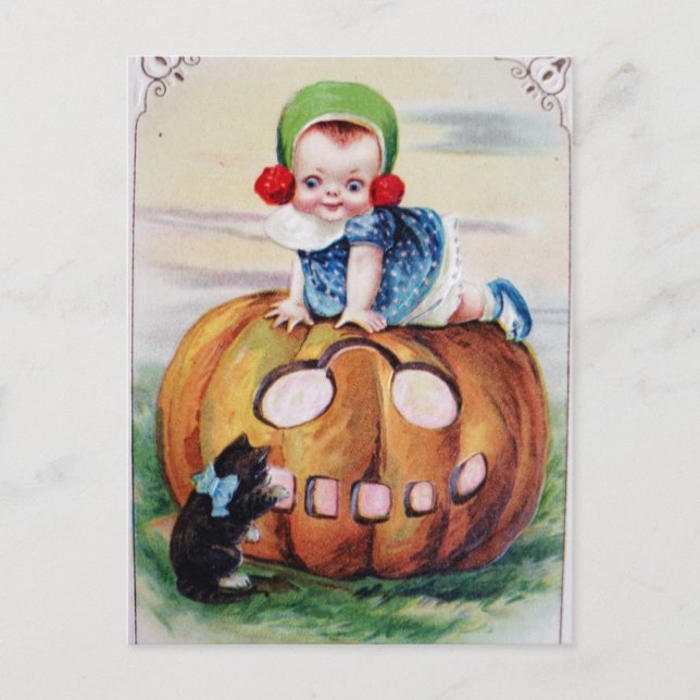 Vintage Halloween Baby On Pumpkin Postcard (Front)