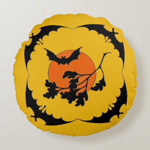 Vintage Halloween Bats & Harvest Moon Round Pillow