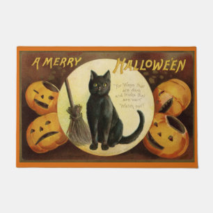 Vintage Halloween Black Cat and Carved Pumpkins  Doormat