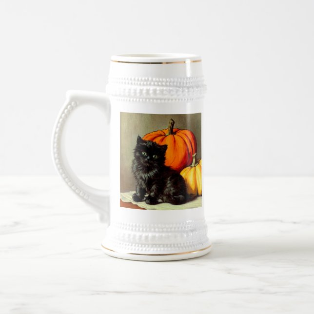 Vintage Halloween Black Cat and Pumpkins Beer Stein (Left)