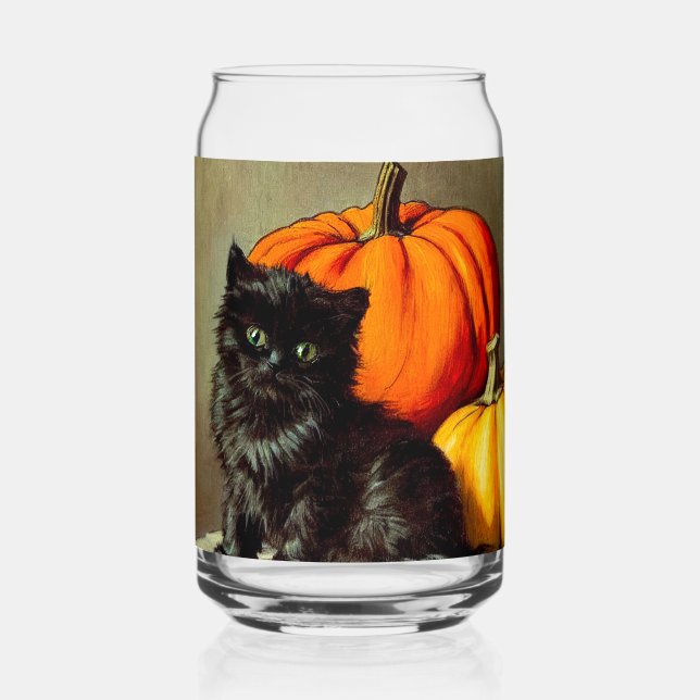 Vintage Halloween Black Cat and Pumpkins Can Glass (Front)