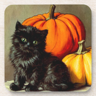 Vintage Halloween Black Cat and Pumpkins Coaster