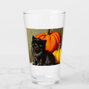 Vintage Halloween Black Cat and Pumpkins Glass