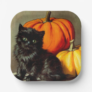 Vintage Halloween Black Cat and Pumpkins Paper Plate