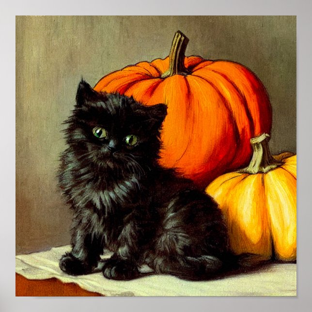 Vintage Halloween Black Cat and Pumpkins Poster (Front)